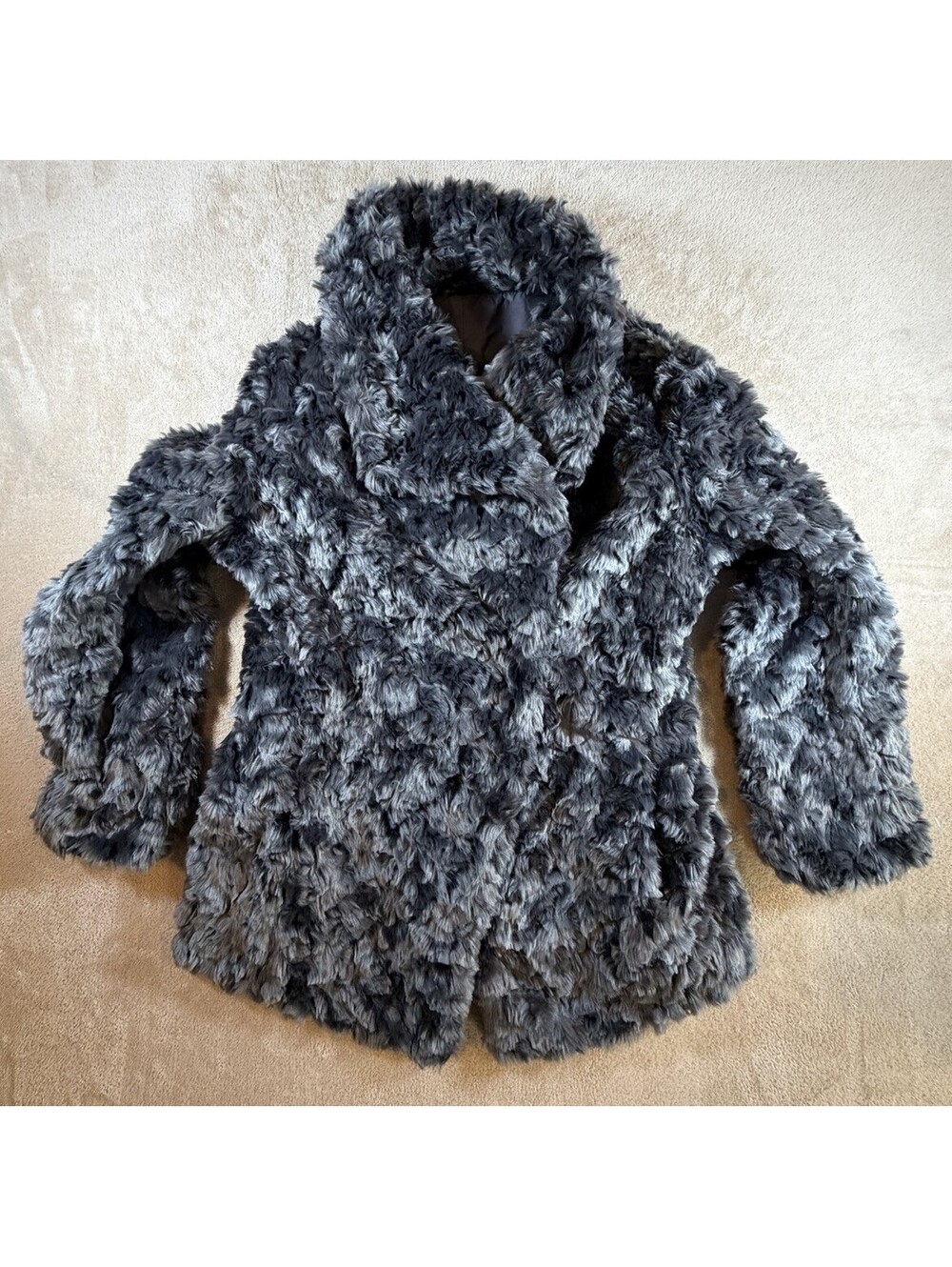 T Tahari Faux Fur Coat Womens L Gray Black Plush Shawl Collar Luxury Jacket